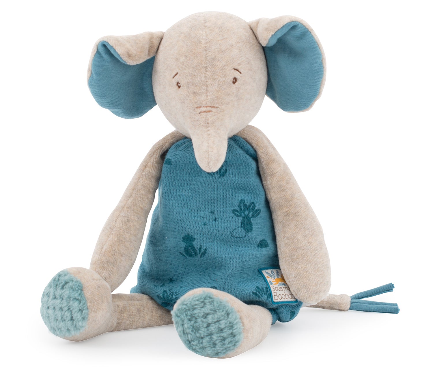 Soft blue and white cuddly elephant soft toy suitable from birth