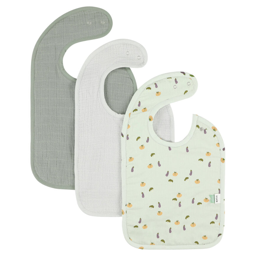 3 pack of baby bibs. One with vegetable print, one pale grey and one in green