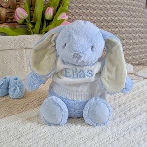 Blue plush bunny with a white jumper and personalisation