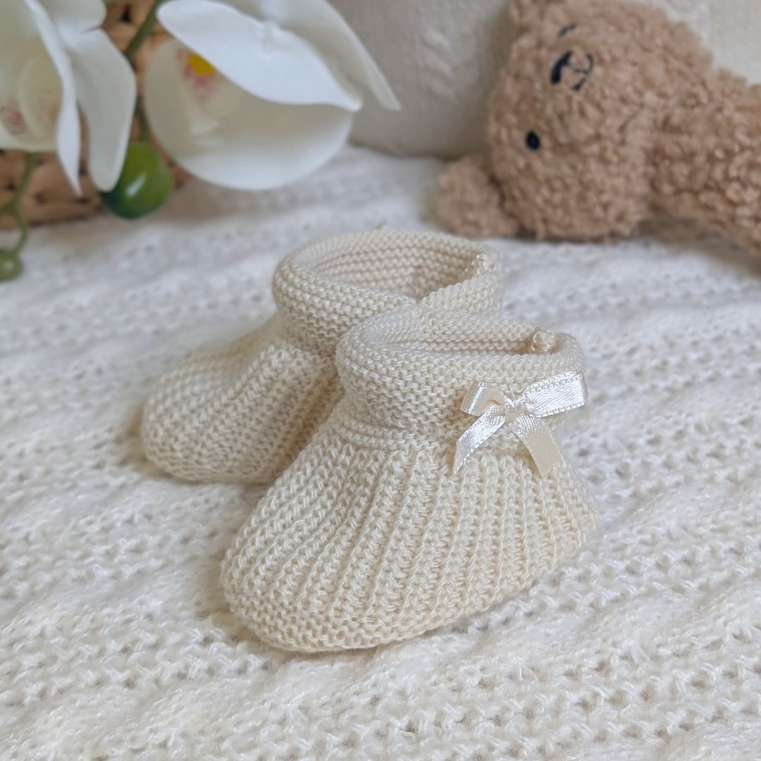 Biscuit Plain Knit Baby Bootees with Bow From Newborn Booties.
