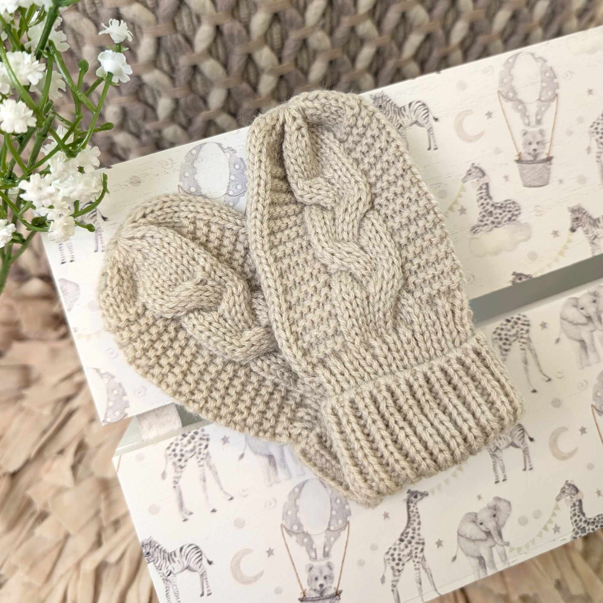 Baby Mittens Recycled Cable Knit - Biscuit Mittens.