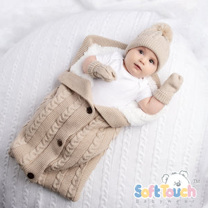 biscuit color recycled cable knit baby swaddle wrap âpouch, suitable for NB-6 months.
