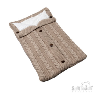 biscuit-colored recycled cable knit baby swaddle pouch, perfect for NB-6 months.