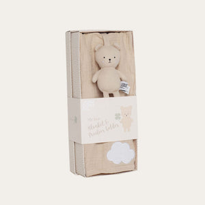 My first baby blanket and teddy pacifier holder set in a beige biscuit colour.