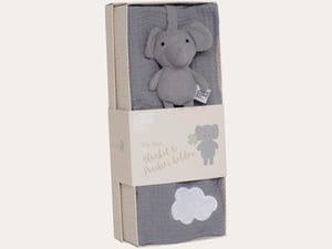 Gray elephant plush toy and blanket set.