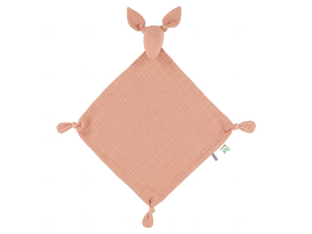A coral coloured muslin kangaroo comforter soother toy