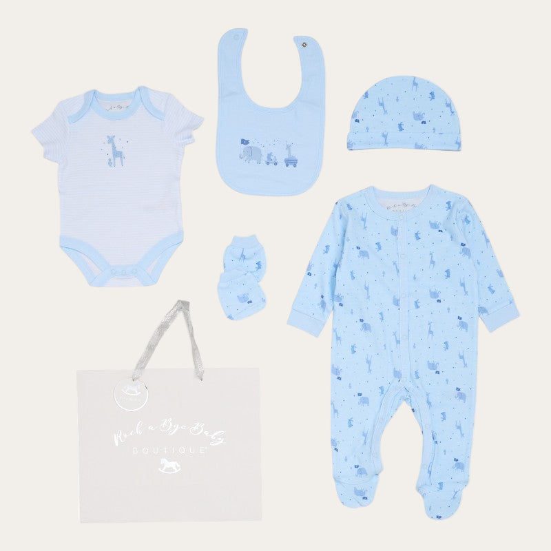Baby Blue Animal Print Gift Set – 5 Piece Clothing gift set