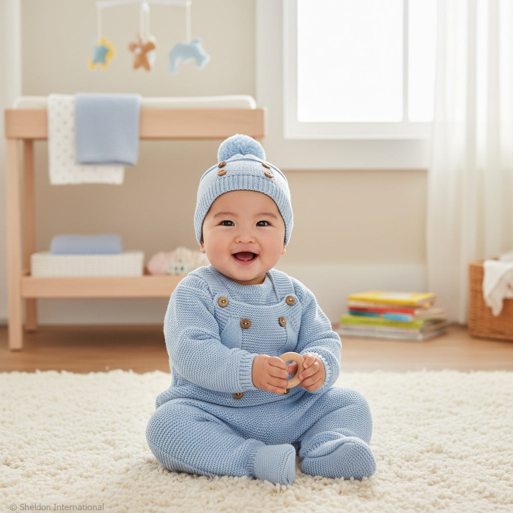 Blue baby dungaree set with coordinating top and pompom hat