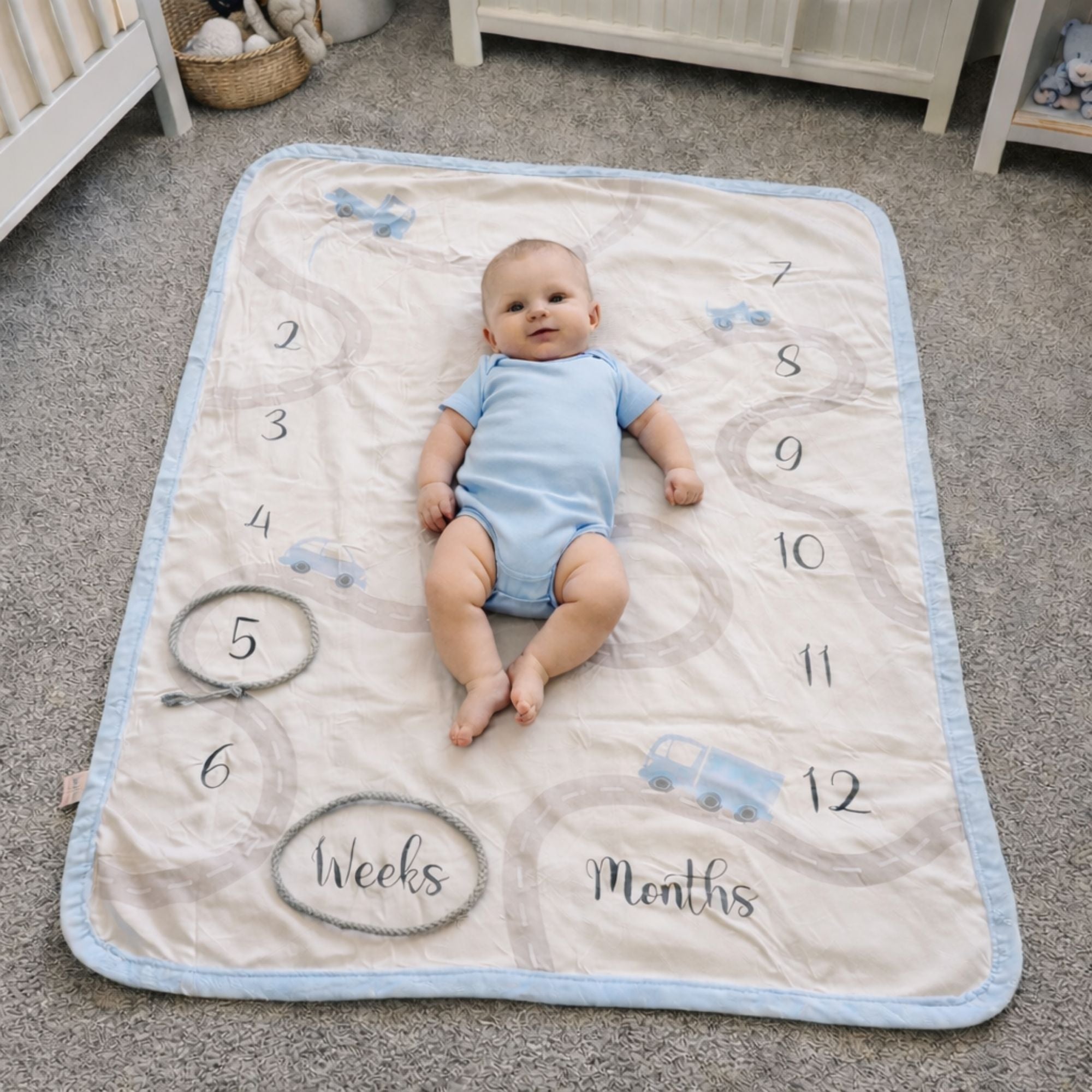 Blue vehicles baby photo milestone blanket in weeks and months