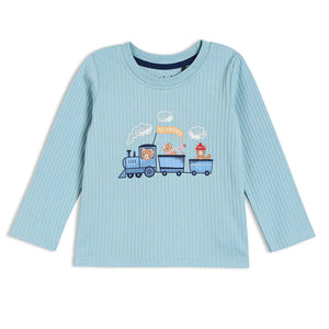 Blue ribbed long sleeve baby T-shirt with a colourful train graphic.