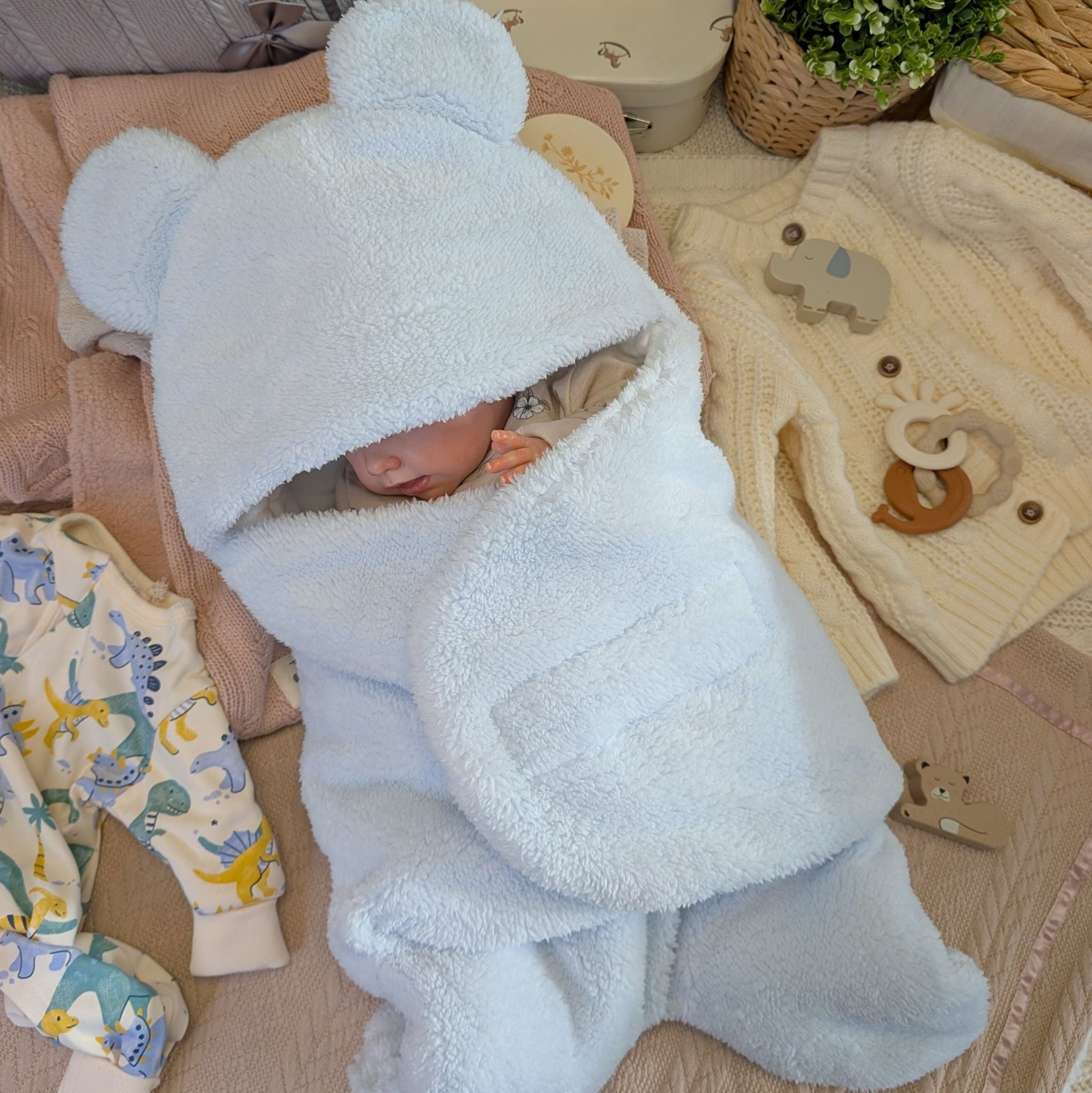 Blue Baby Bear Swaddle Bag – Soft Hooded Sleeping Bag
