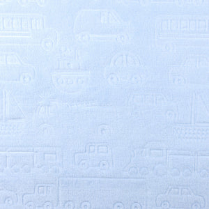 Sof blue blanket wrap with embossed print of vehicles and boats