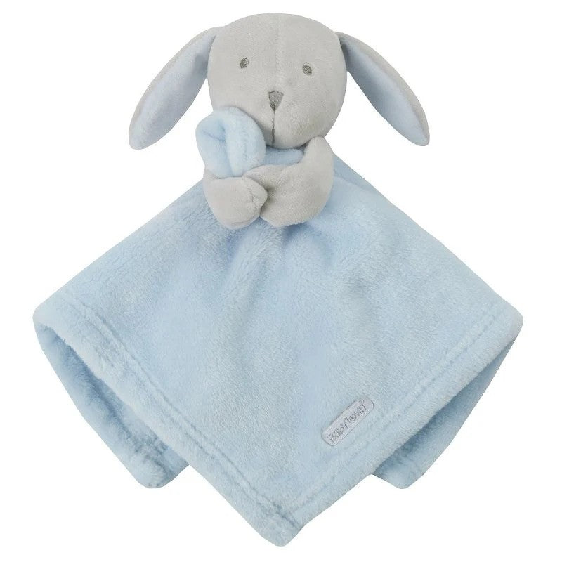 Blue comforter with novelty grey bunny