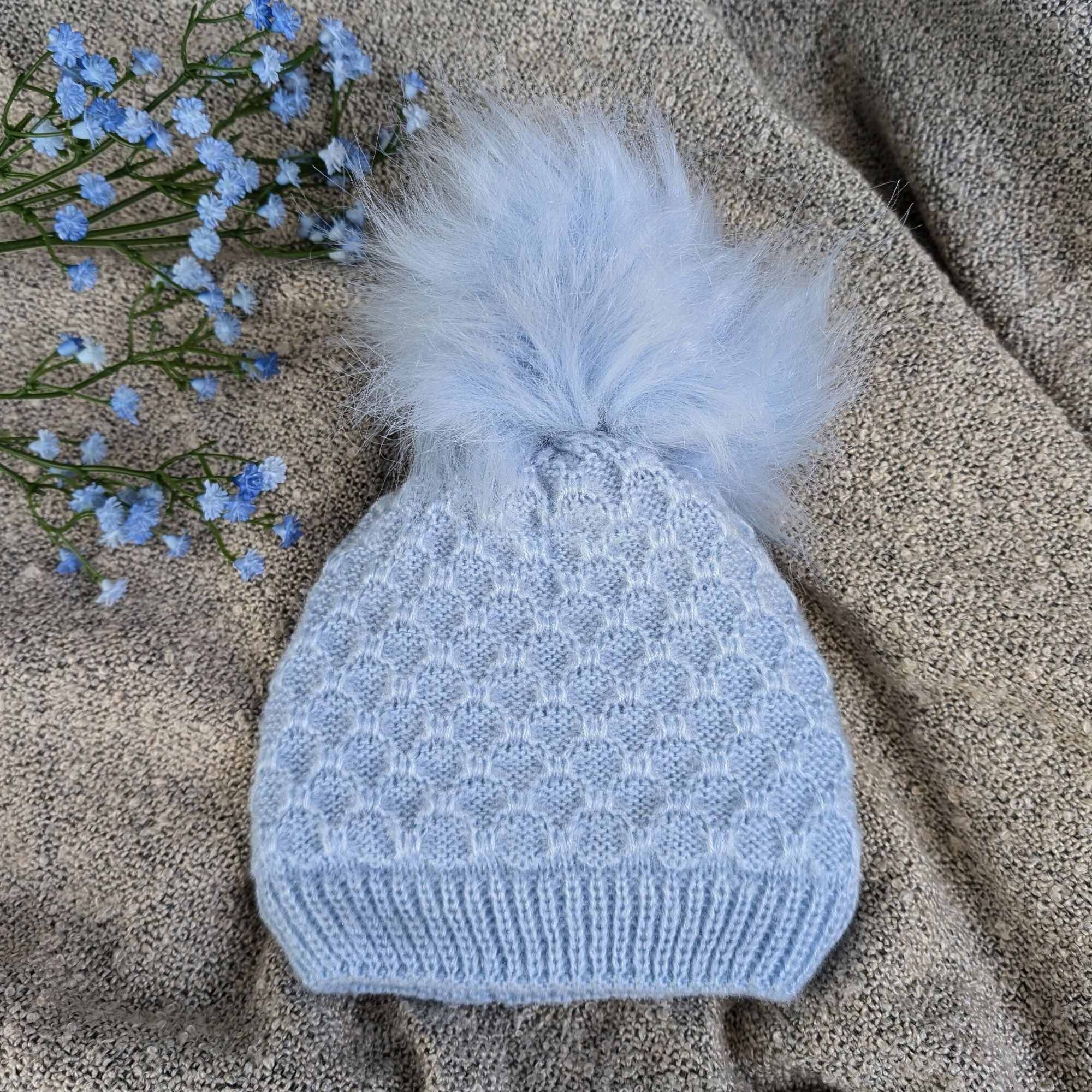 Baby Boys Knitted Pom-Pom Hat Blue Baby Hat.