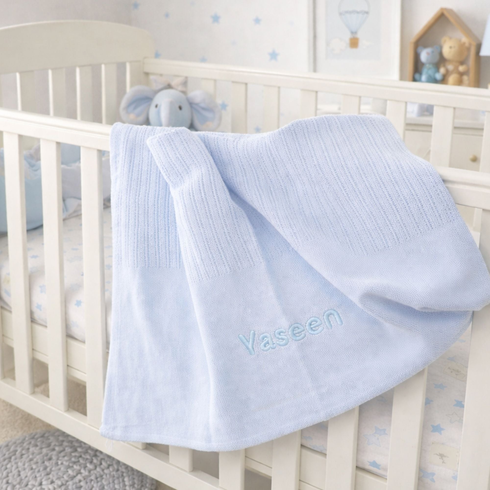 Personalised blue baby boy cellular blanket with baby name on