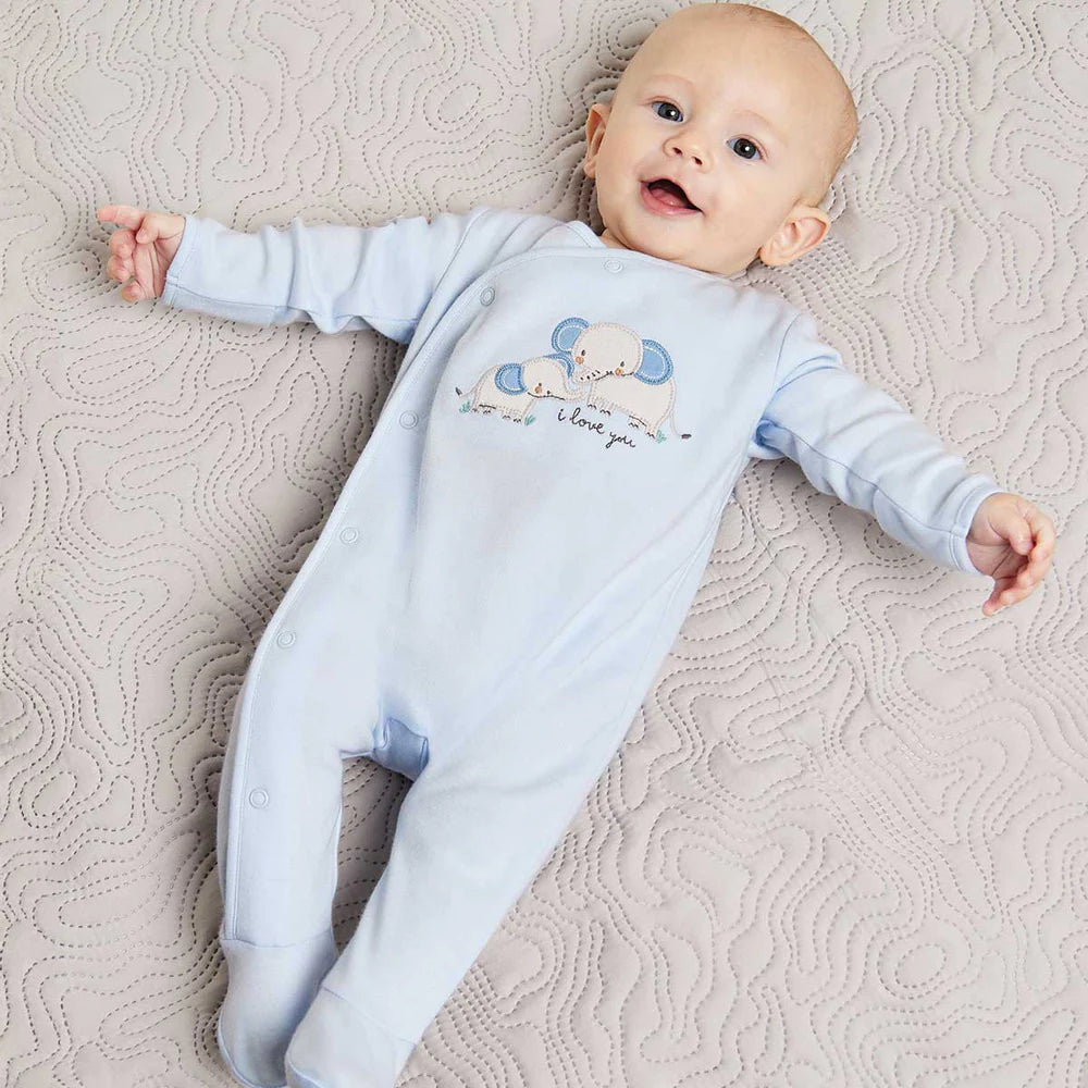 Blue baby sleepsuit with elephant embroidery