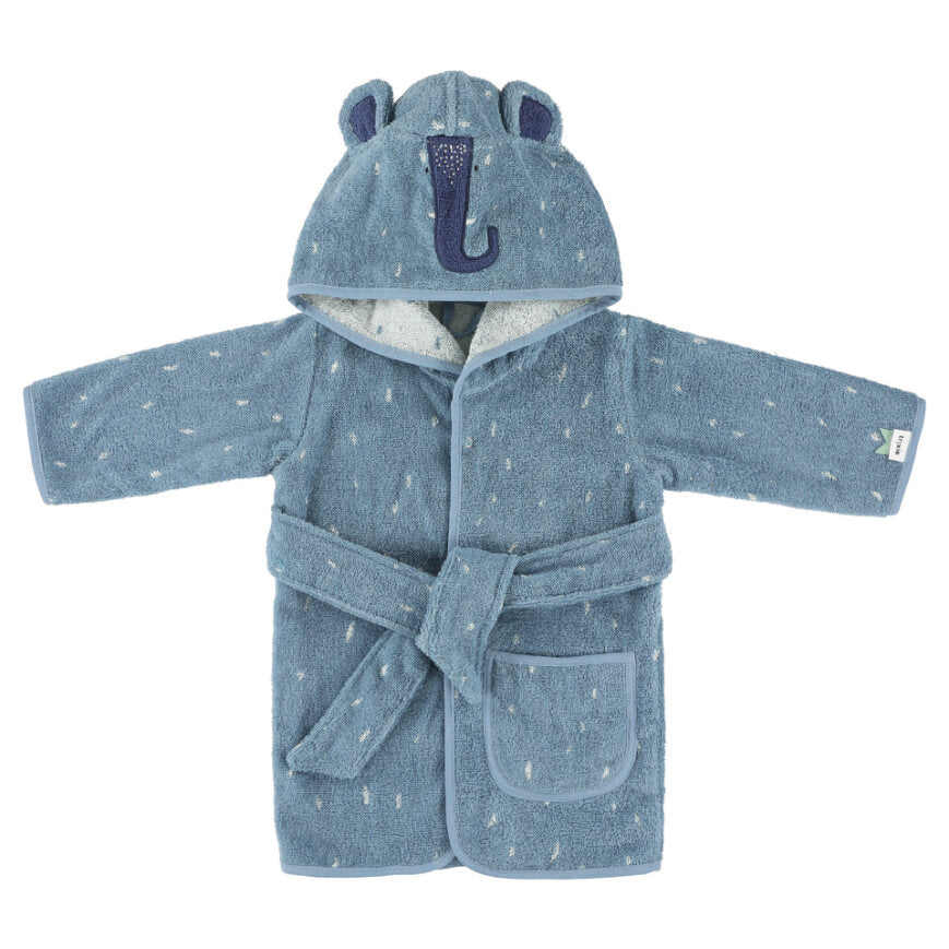 Soft organic cotton toweling dressing gown bath robe in a blue with an elephant face on the hood with ears