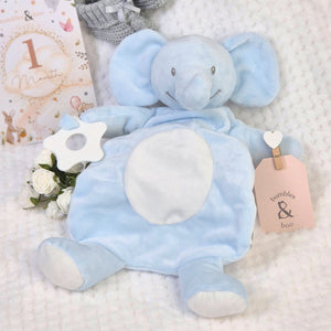 Blue flat elephant baby comforter toywith teething ring and trunk for little hands to grasp. Eco friendly.