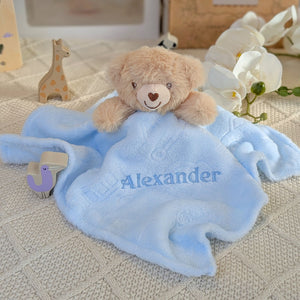 Blue bear baby comforter which can be personalised with baby's name