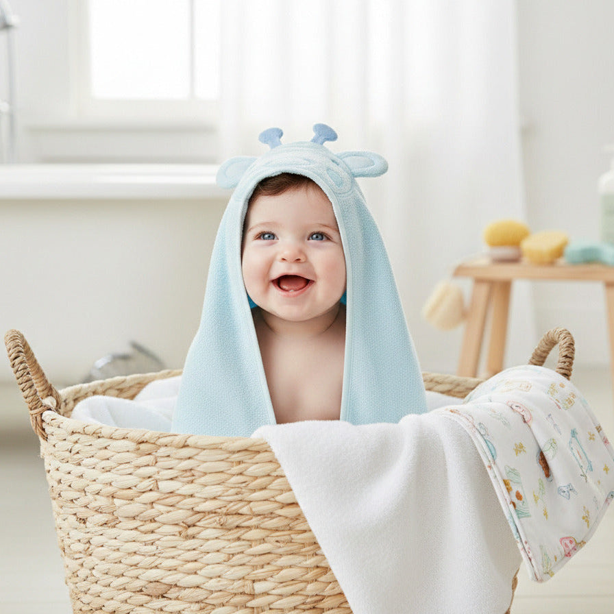 Blue giraffe baby hooded towel made from soft cotton, ideal for newborn bath time and gentle baby drying.