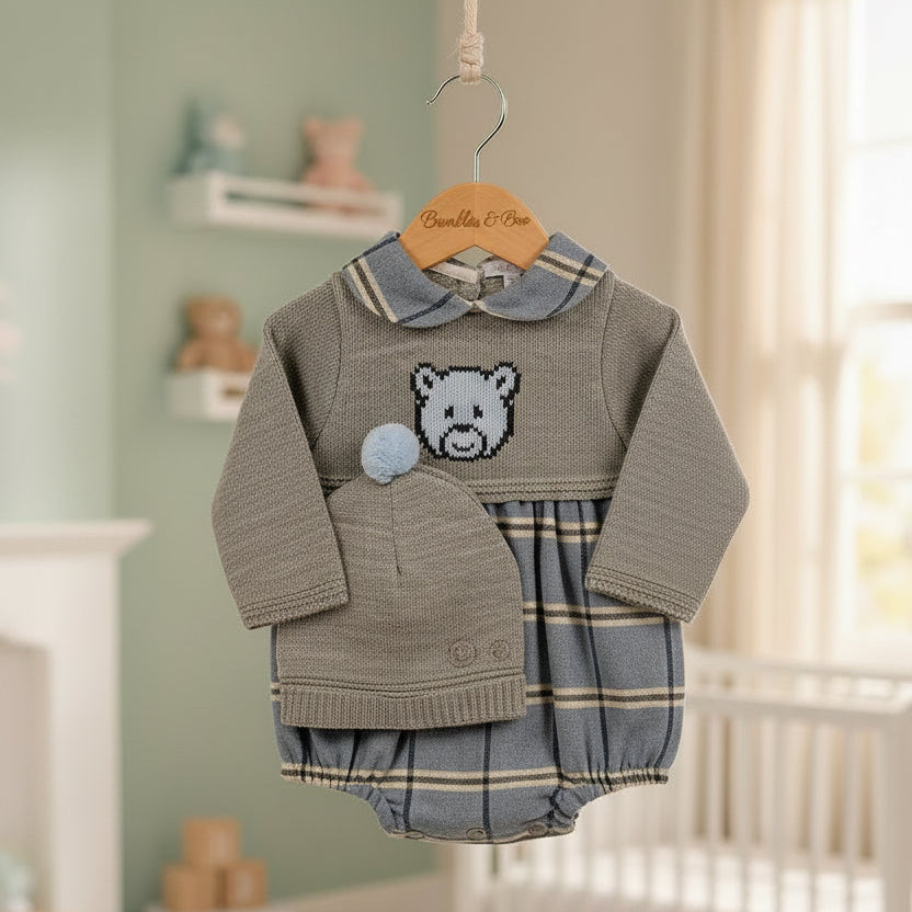 Blue and grey baby romper with bear design and matching hat