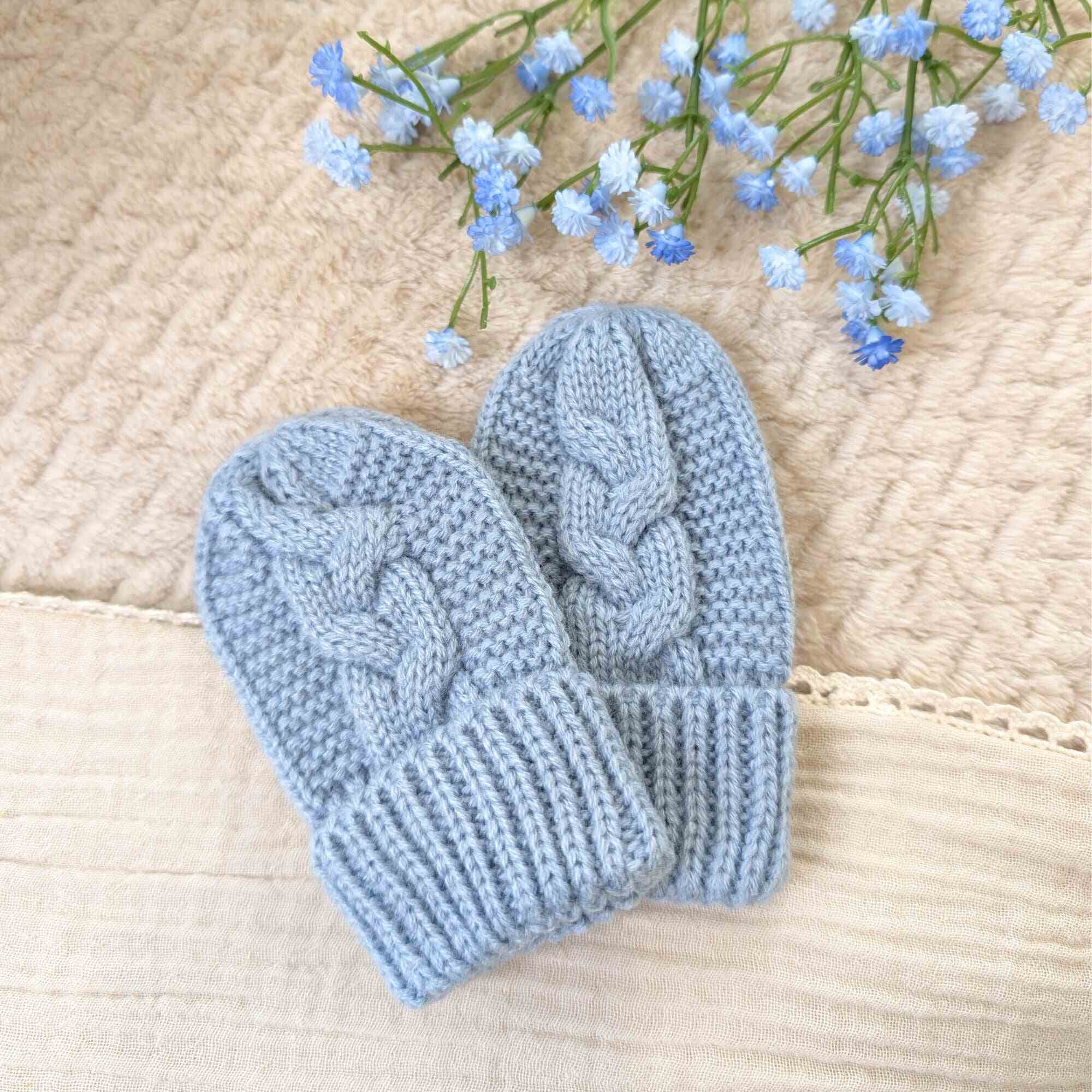 Dusky Blue Baby Mittens Recycled Cable Knit Mittens.