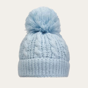 Blue Pearl & Cable Knit Baby Hat with Large Pom Pom Newborn to 12 Months Baby Hat.