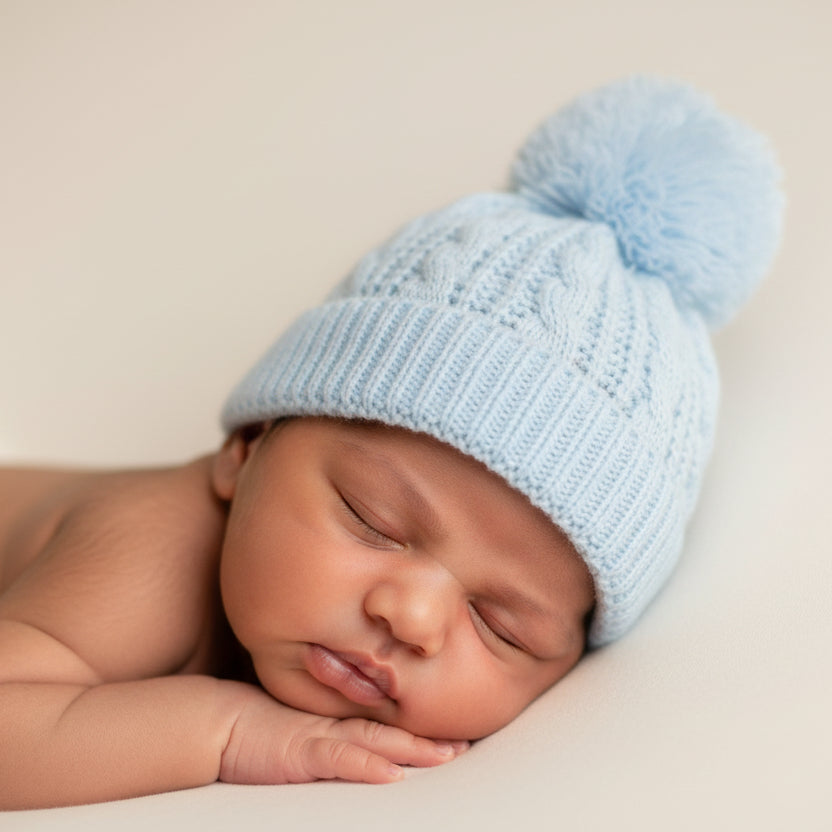 Blue Pearl & Cable Knit Baby Hat with Large Pom Pom Newborn to 12 Months Baby Hat.