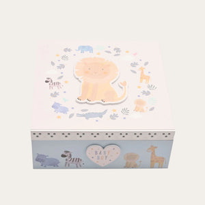 Closed blue lion Keepsake Box showing inner storage for baby memories