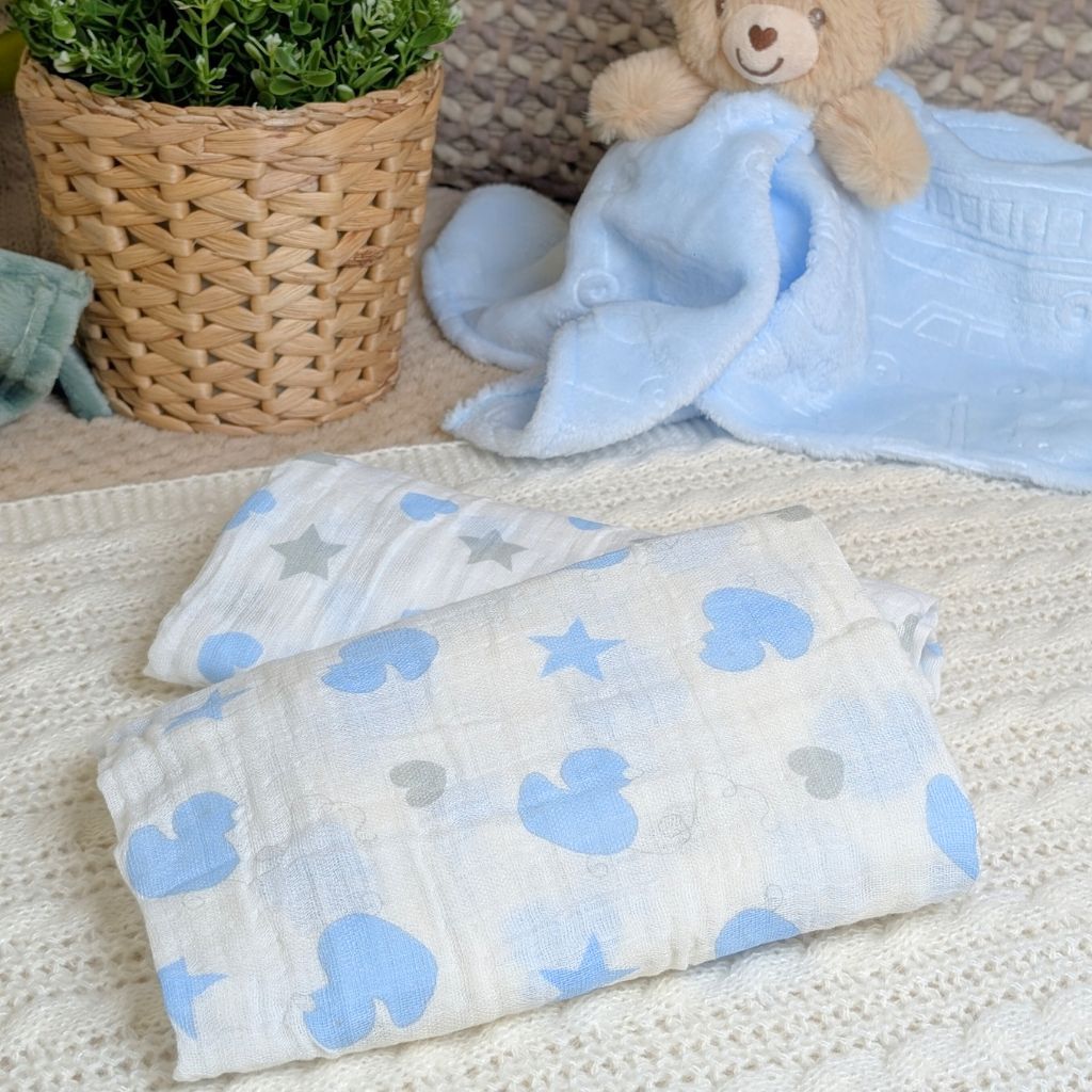 Baby muslin squares with blue and gray patterns pm.