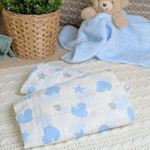 Baby muslin squares with blue and gray patterns pm.