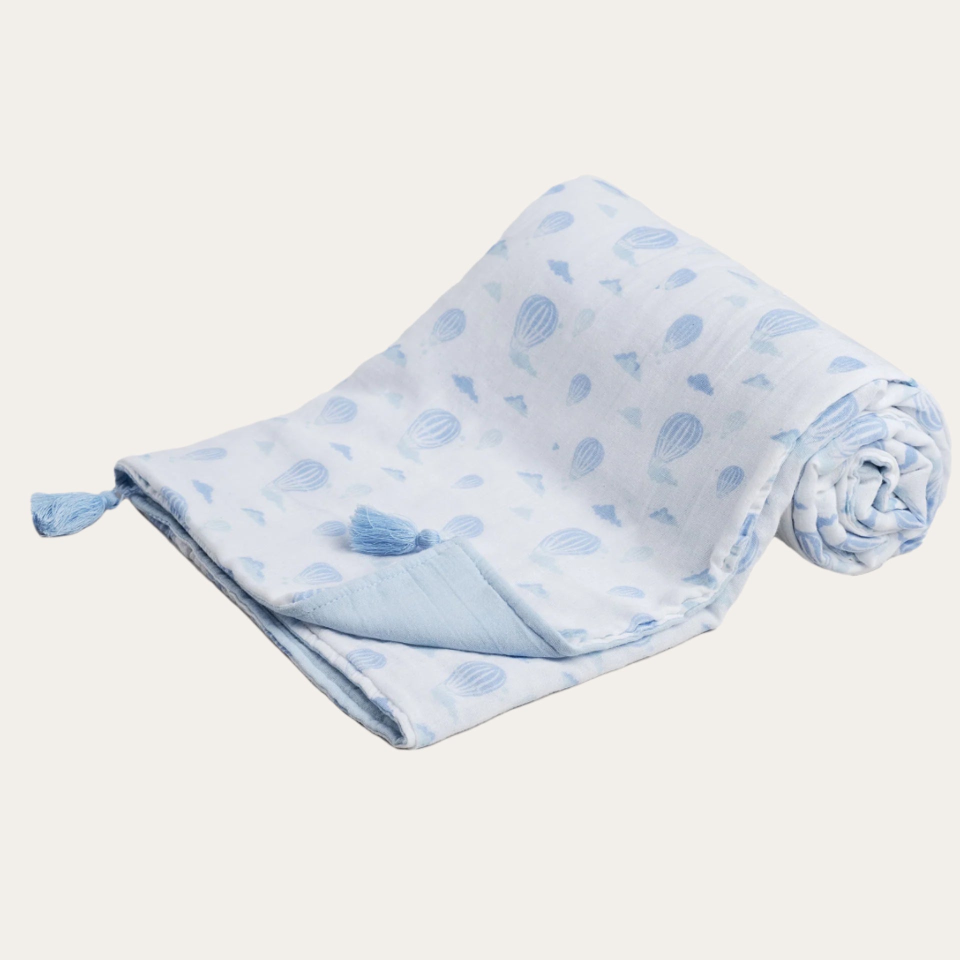 White/Blue Balloon Printed Muslin Wrap with Tassels 100% Cotton Baby Swaddle.