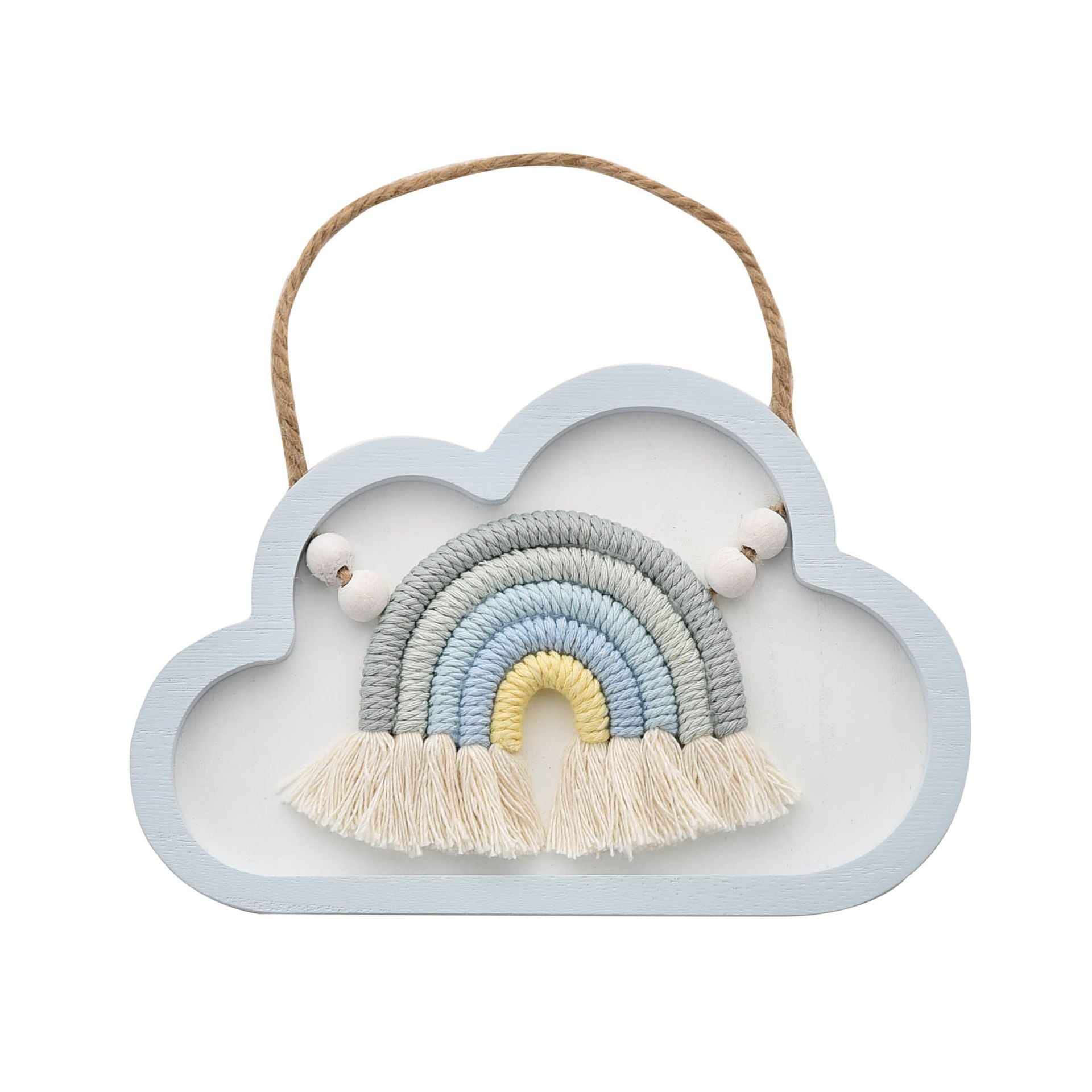 A blue cloud shaped nursery plaque with a white background and a blue pallet macrame rainbow in the middle
