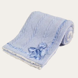 Blue Sherpa Back Knit Baby Blanket with Satin Bow 75x90cm Baby Blanket.