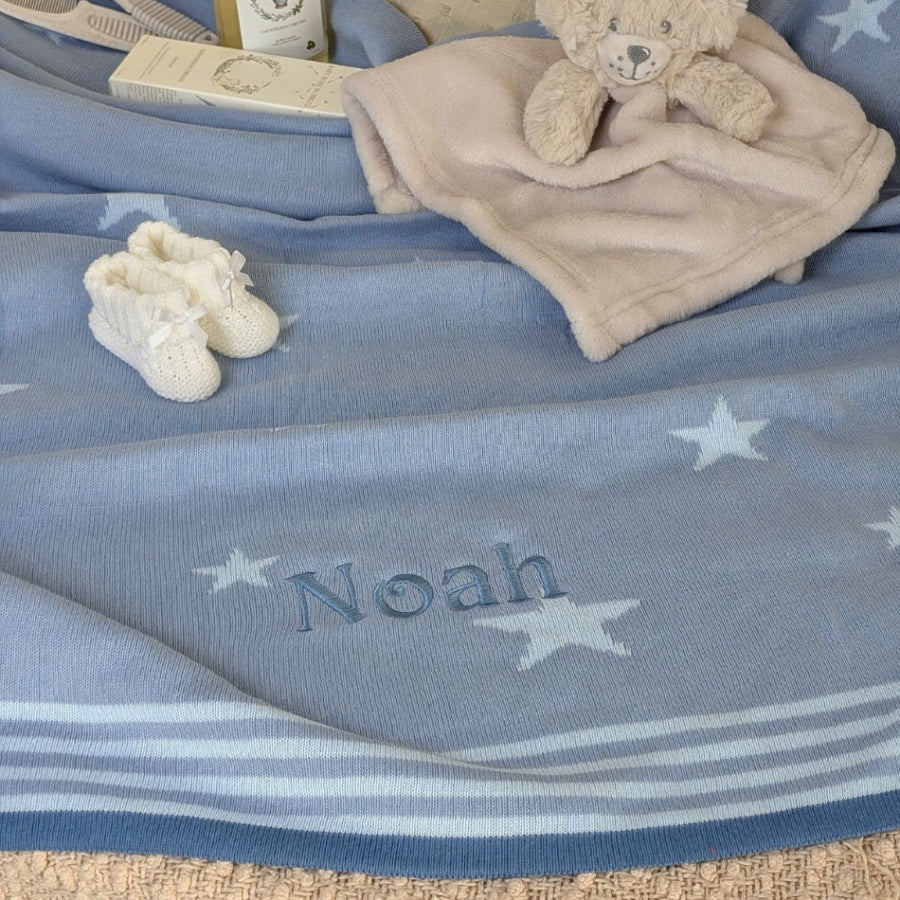 Personalised blue star baby blanket.