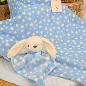 blue star baby comforter as a bunny and matching blue star blanket