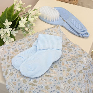 Baby blue socks with a turnover top.