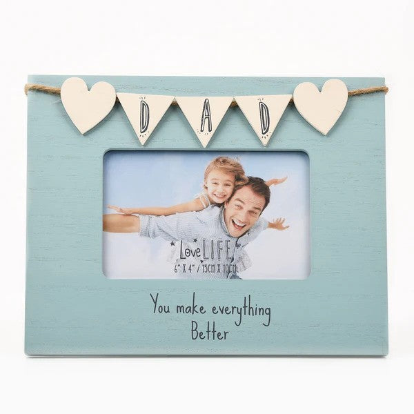Blue wooden photo frame with bunting design and "DAD, You make everything better" text