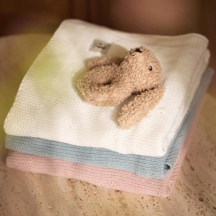 Baby rattle 'Bunny Riverside' ring rattle in soft biscuit-coloured bouclé fabric with heart nose detail.