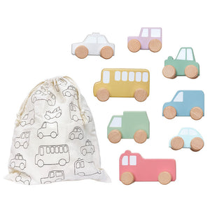 Wooden vehicle set with storage bag.