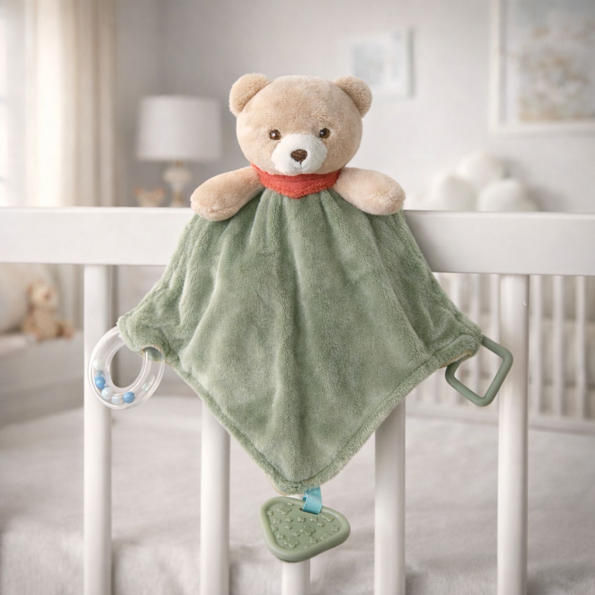 Soft green and brown teddy bear comforter with teething rings