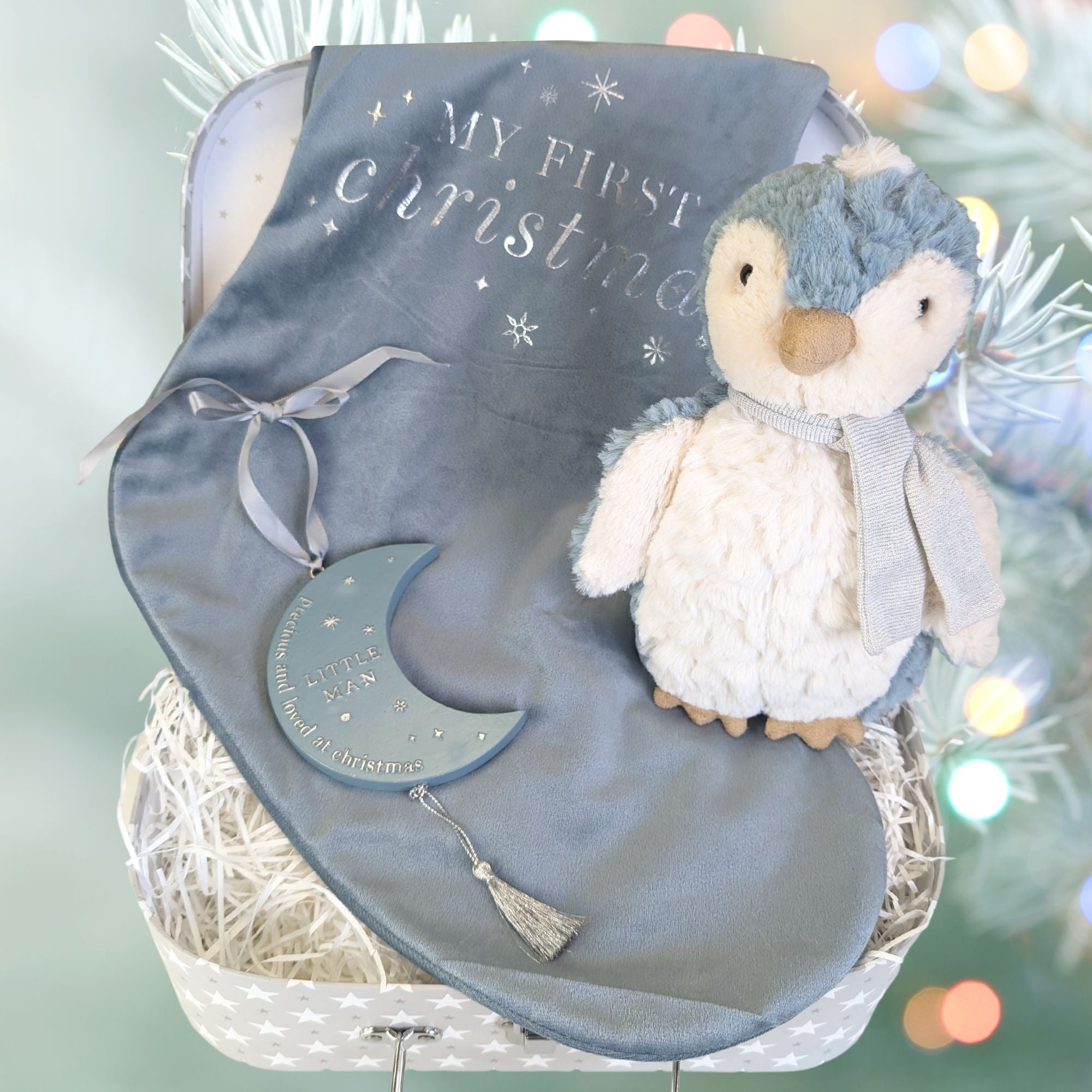 Pingu’s 1st Christmas baby hamper – festive newborn stocking gift with plush penguin & keepsake plaque – Bumbles and Boo.