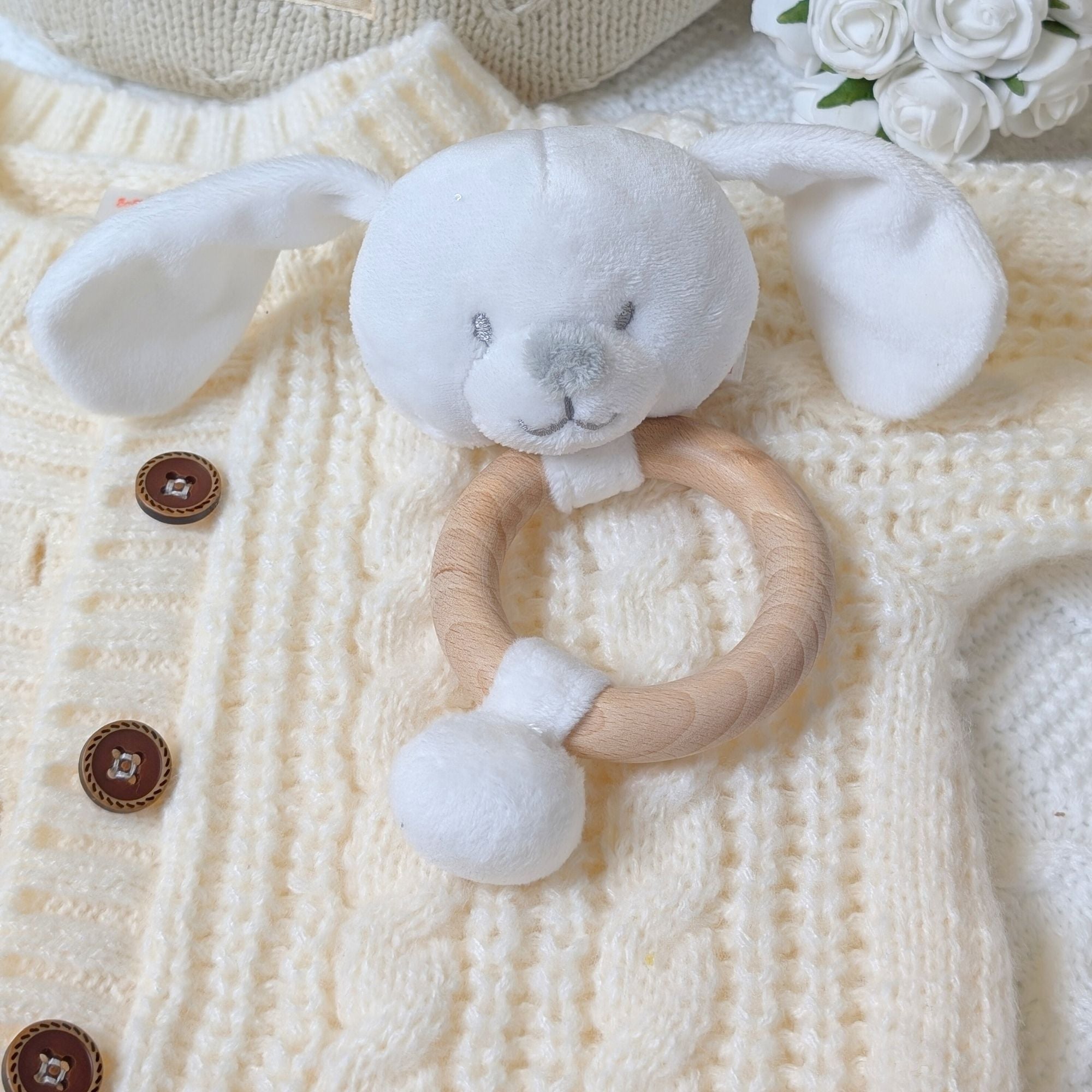 Eco-Friendly White Bunny Baby Rattle Toy Rattle.
