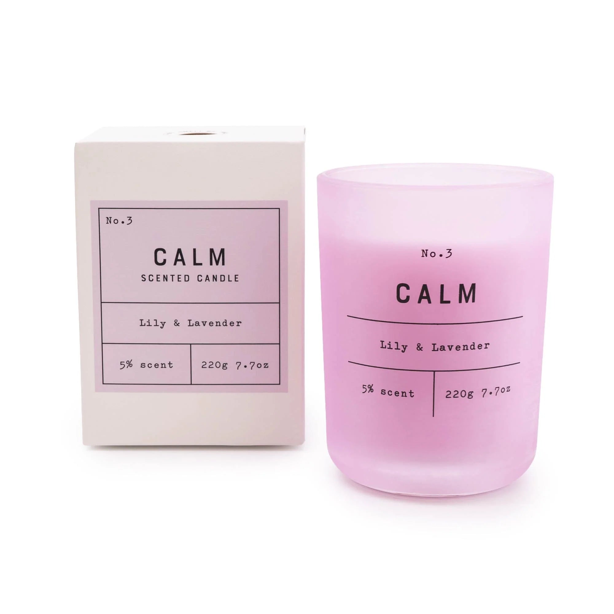 A light pink glass candle 'calm' with a lily and lavender scent