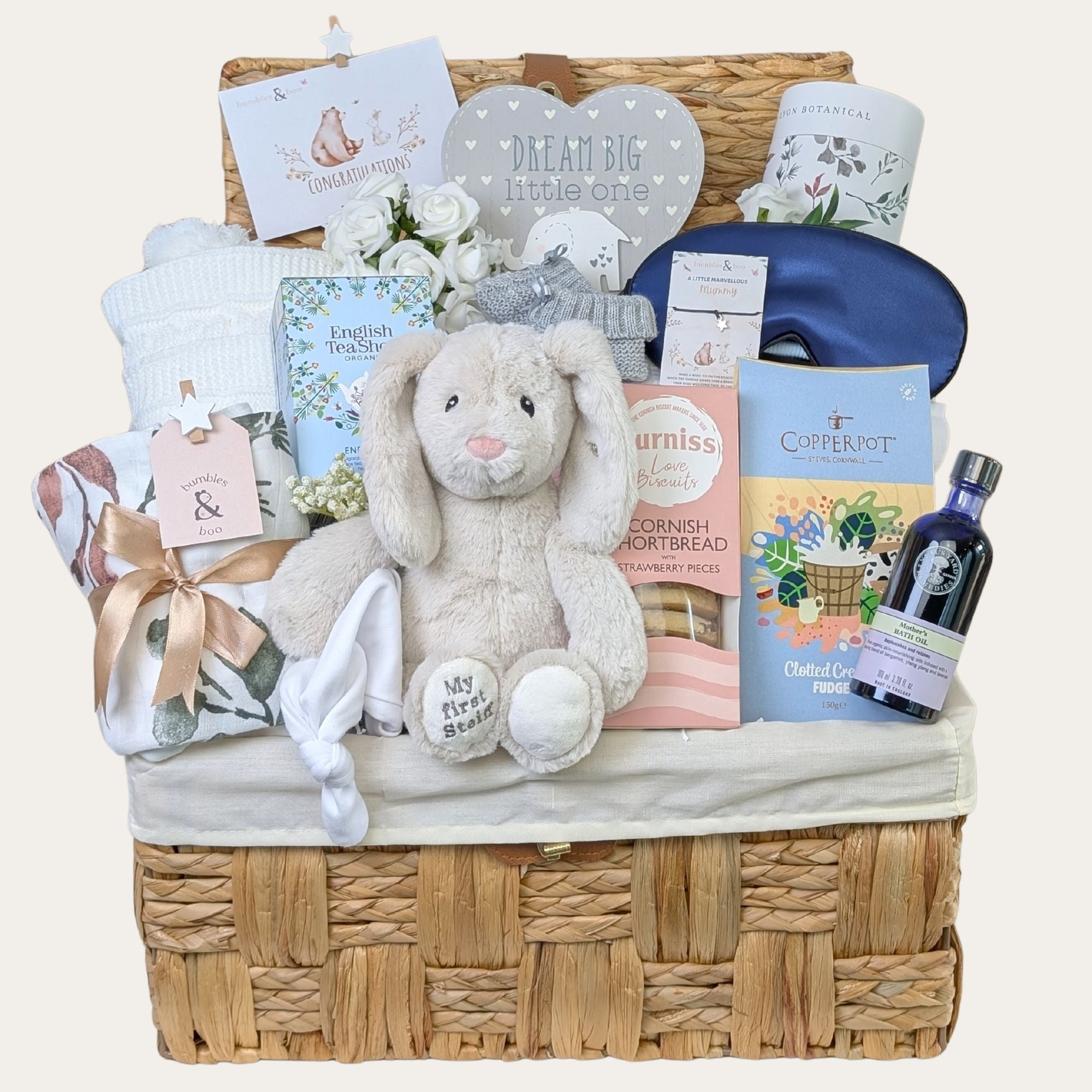 Large luxurious Mum to be gifts hamper brimming with pampering presents for mum during pregnancy and beyond. Bumbles and Boo.