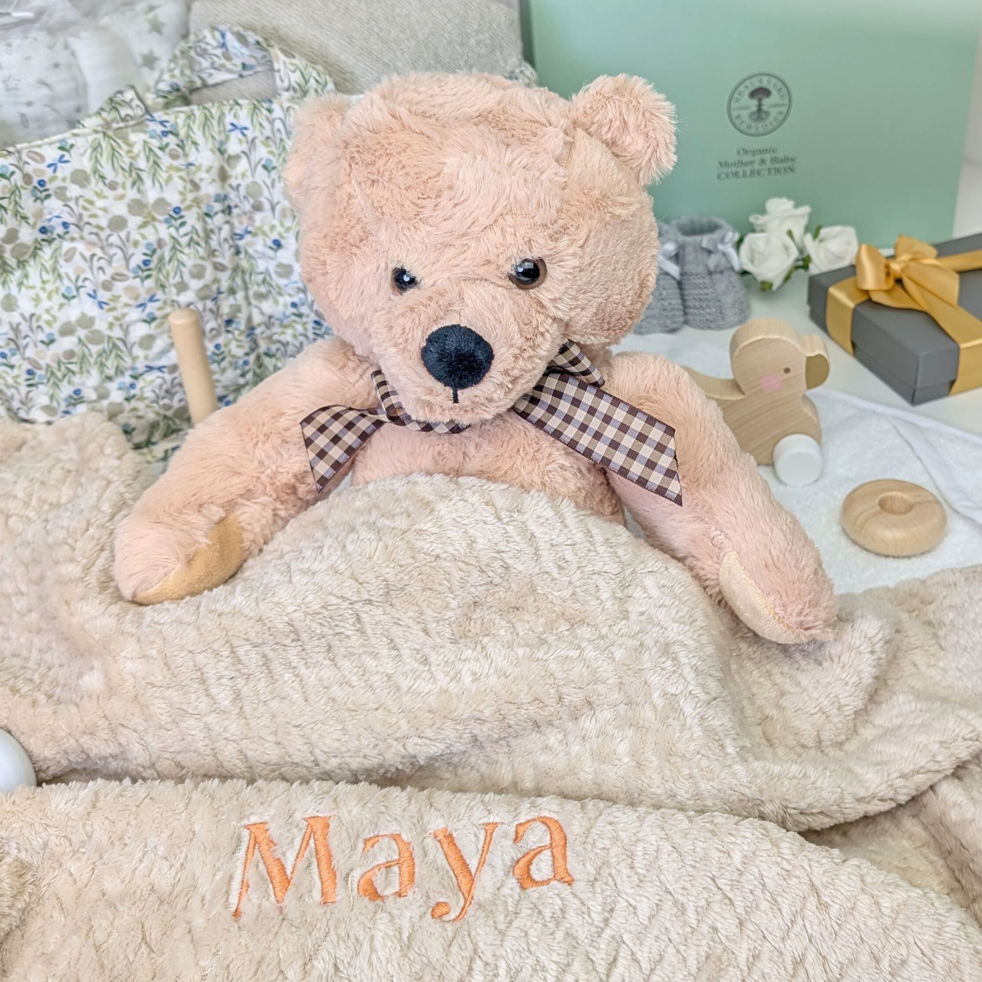 Personalised cream waffle baby blanket.