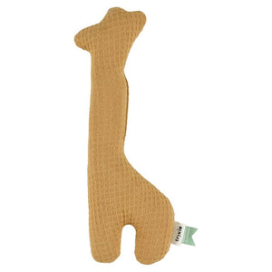 Organic giraffe shaped soft rattle in caramel