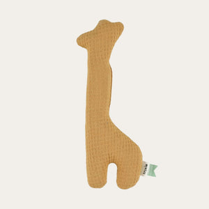 100% organic cotton soft sensory giraffe rattle toy suitable for babies from birth. Eco friendly baby gift in a warm caramel colour.