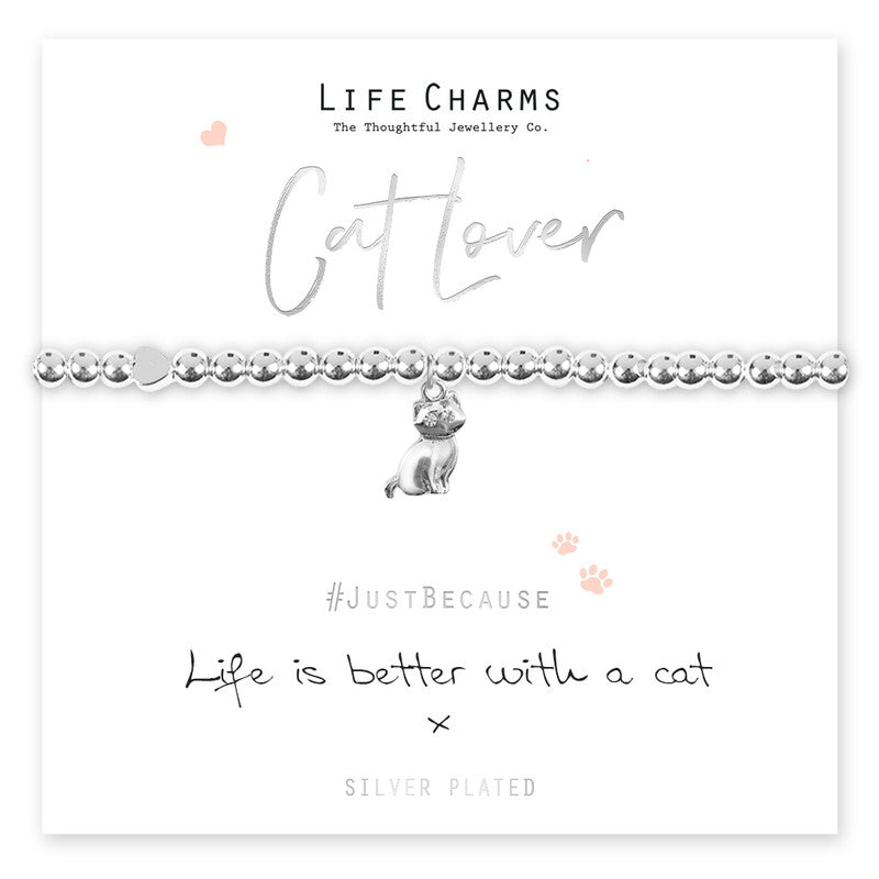 Silver plated bracelet with a cat charm and the sentiment on the card reading &#39;Life is better with a cat&#39;