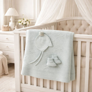 Duck egg colour cashmere new baby blanket, bonnet and booties in a gift box.